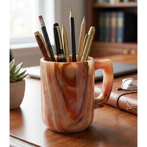 Banded Onyx Desk Organizer, Natural Stone Pen Holder, Orange Marble Pencil Cup